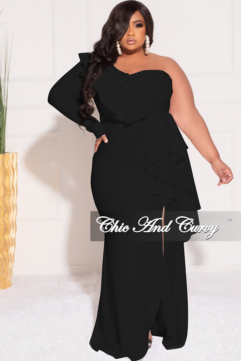 Final Sale Plus Size One Sided Ruffle Gown with Front Slit in Black