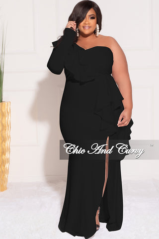 Final Sale Plus Size One Sided Ruffle Gown with Front Slit in Black