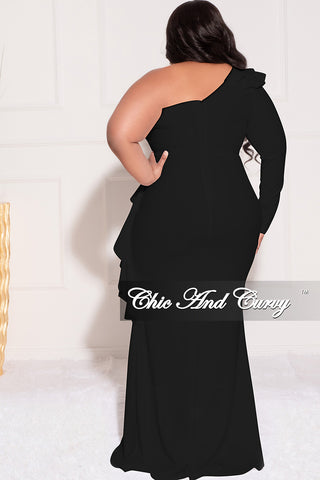 Final Sale Plus Size One Sided Ruffle Gown with Front Slit in Black