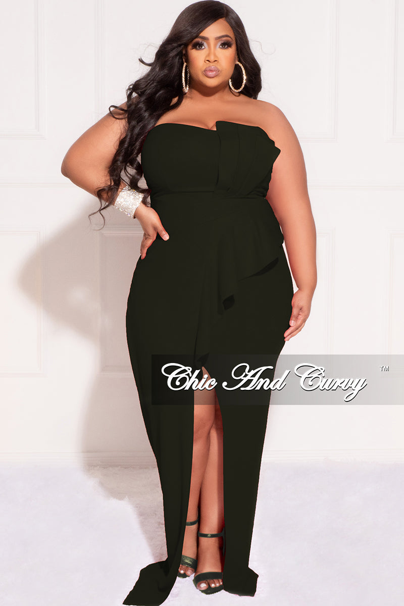 Final Sale Plus Size Strapless Pleated Ruffle Gown with Front Slit in Black