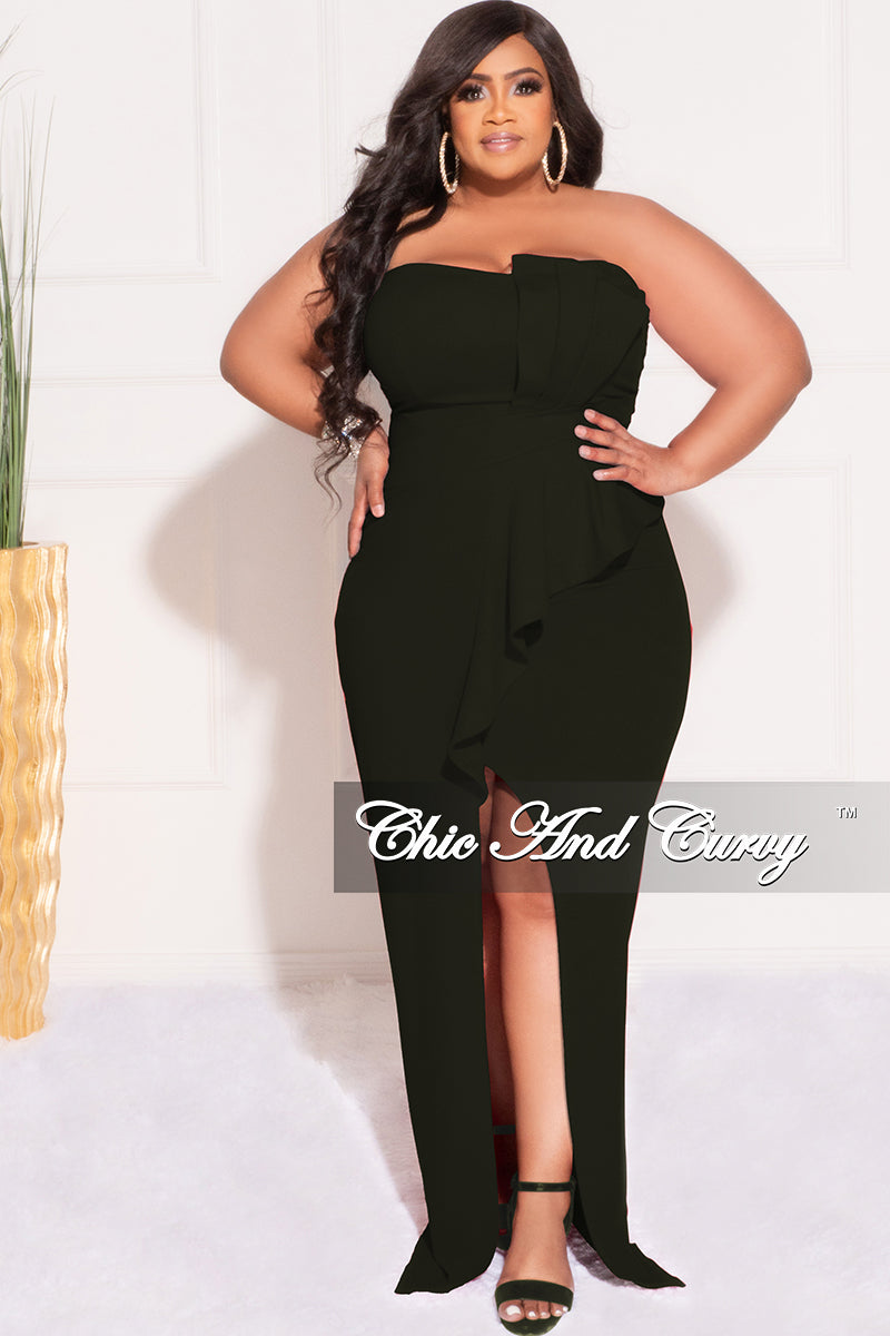 Final Sale Plus Size Strapless Pleated Ruffle Gown with Front Slit in Black