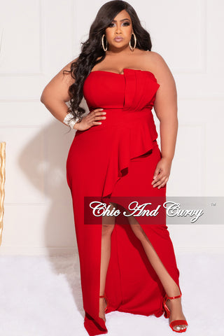 Final Sale Plus Size Strapless Pleated Ruffle Gown with Front Slit in Red