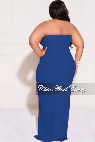 Final Sale Plus Size Strapless Pleated Ruffle Gown with Front Slit in Royal Blue