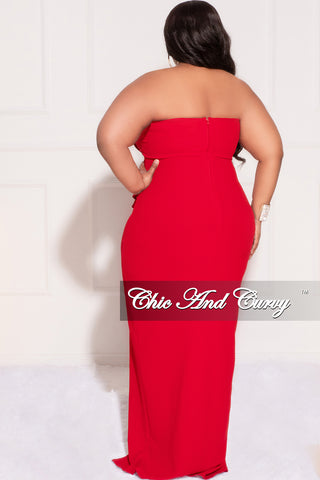 Final Sale Plus Size Strapless Pleated Ruffle Gown with Front Slit in Red