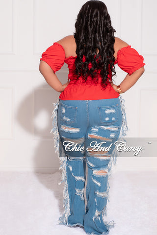 Final Sale Plus Size Off the Shoulder Frill Top with Middle Drawstring and Ruffle Bottom in Red