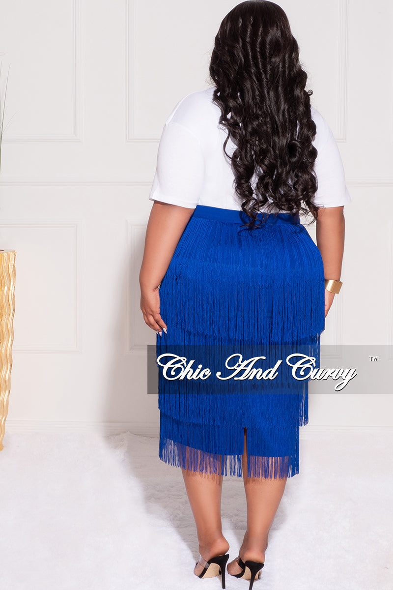 Final Sale Plus Size High Waist Fringe Tiered Midi Pencil Skirt in Royal Blue