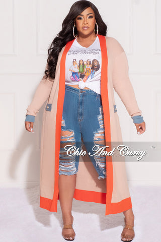 Final Sale Plus Size Sweater Duster with Tie in Tan Orange & Baby Blue