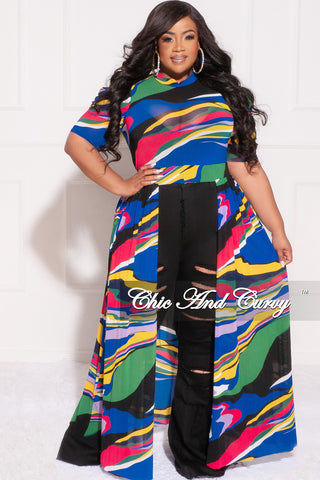 Final Sale Plus Size Mesh Top with Train in Royal Blue Multi Color Print