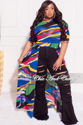 Final Sale Plus Size Mesh Top with Train in Royal Blue Multi Color Print