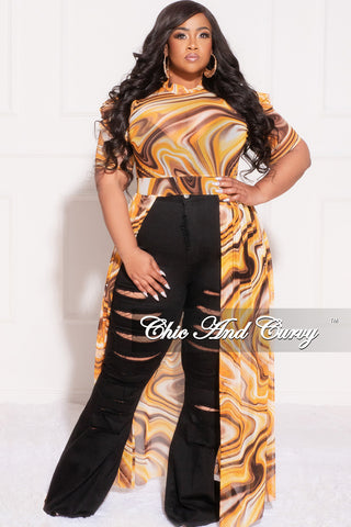 Final Sale Plus Size Mesh Top with Train in Brown Yellow and Orange