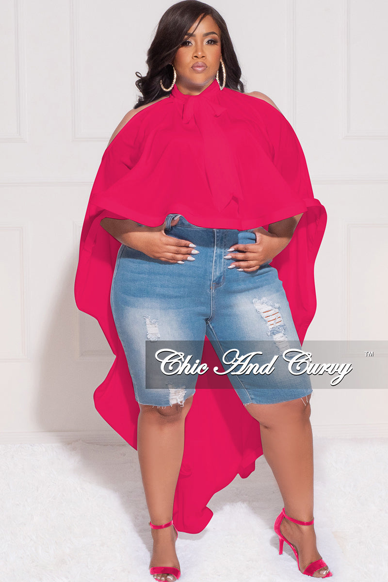 Final Sale Plus Size Bow Front Cold Shoulder Highlow Top in Hot Pink