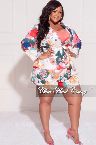 Final Sale Plus Size 2pc Drawstring Blazer and High Waist Shorts in White Multi Color Tropical Print