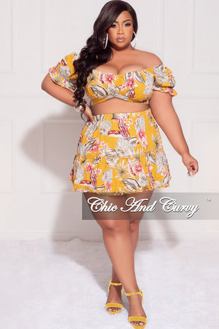 Final Sale Plus Size 2pc Off the Shoulder Crop Top and Skirt Set in Mustard Floral Print
