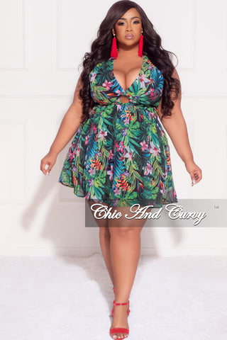 Final Sale Plus Size Sleeveless Deep V BabyDoll Dress with Front Cutouts in Green Multi Color Floral Print