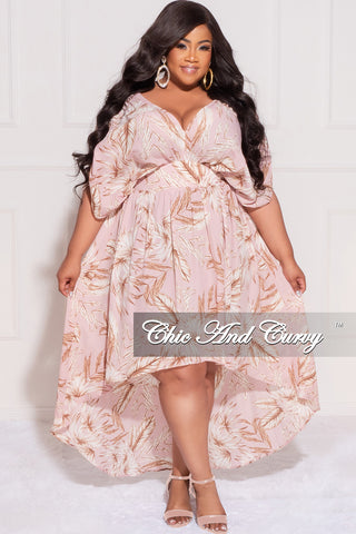 Final Sale Plus Size Deep V High-Low Dress in Mauve Leaf Print