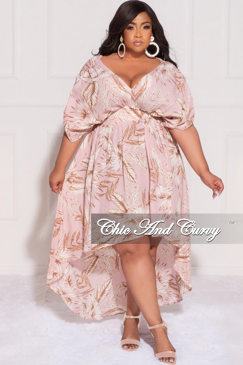 Final Sale Plus Size Deep V High-Low Dress in Mauve Leaf Print