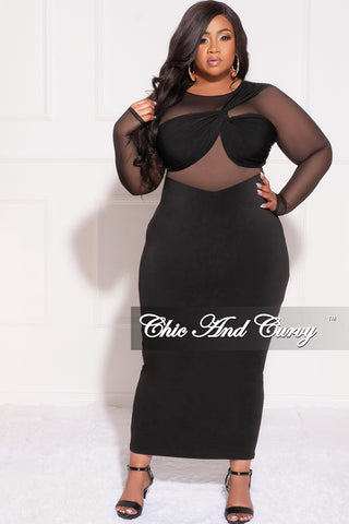 Final Sale Plus Size Mesh One Shoulder Twist Front Bra Top and Cutout Front BodyCon Dress in Black