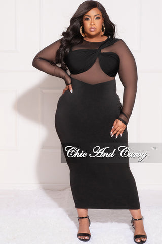 Final Sale Plus Size Mesh One Shoulder Twist Front Bra Top and Cutout Front BodyCon Dress in Black
