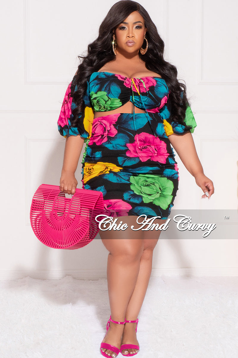 Final Sale Plus Size 2pc Drawstring Ruched Crop Top and Skirt Set in Multi Color Rose Print