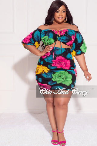 Final Sale Plus Size 2pc Drawstring Ruched Crop Top and Skirt Set in Multi Color Rose Print