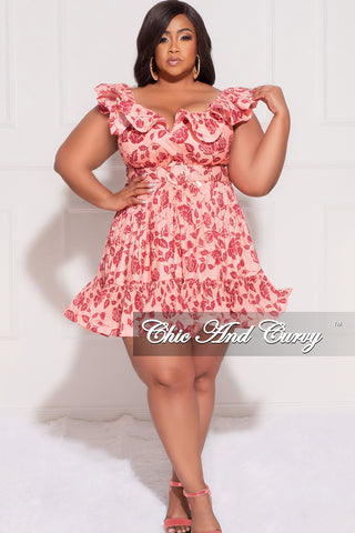 Final Plus Size Sleeveless SweetHeart Pleated Ruffle BabyDoll Dress with Waist Belt in Pink and Burgundy Rose Print