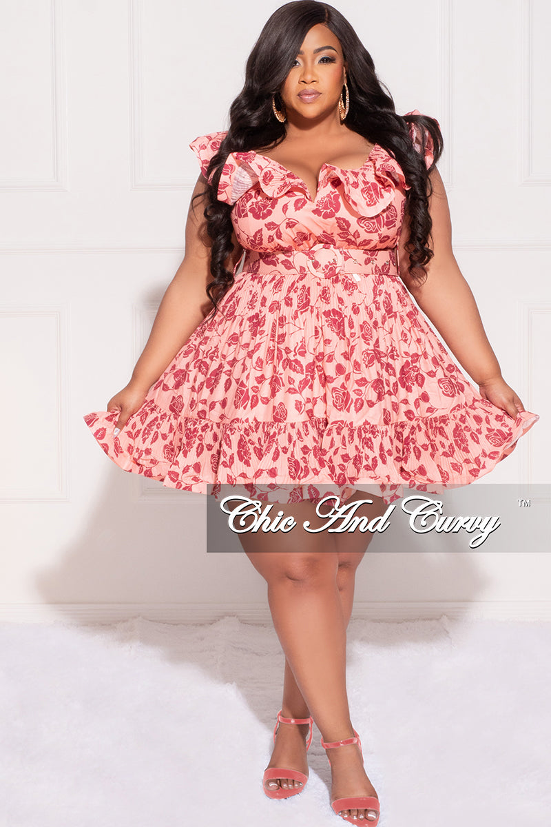 Final Plus Size Sleeveless SweetHeart Pleated Ruffle BabyDoll Dress with Waist Belt in Pink and Burgundy Rose Print - XL 10/12 Final Plus Size Sleeveless SweetHeart Pleated Ruffle BabyDoll Dress with Waist Belt in Pink and Burgundy Rose Print - XL 10/12
