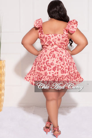 Final Plus Size Sleeveless SweetHeart Pleated Ruffle BabyDoll Dress with Waist Belt in Pink and Burgundy Rose Print