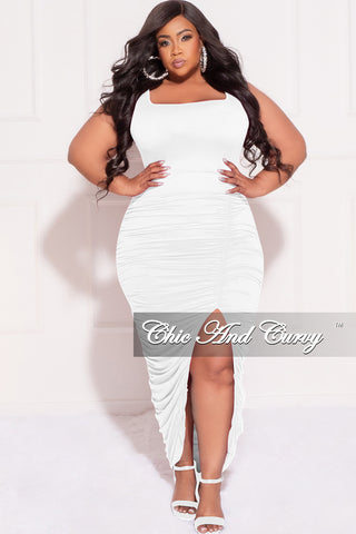 Final Sale Plus Size Sleeveless Ruched Jersey Bodycon Dress with Slit in White