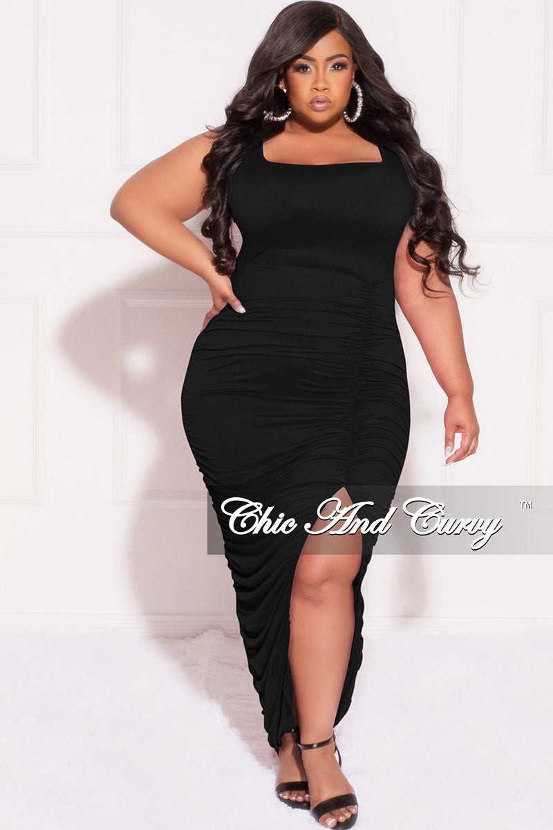 Final Sale Plus Size Sleeveless Ruched Bodycon Dress with Slit in Black - 3x 22 Final Sale Plus Size Sleeveless Ruched Bodycon Dress with Slit in Black - 3x 22