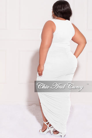 Final Sale Plus Size Sleeveless Ruched Jersey Bodycon Dress with Slit in White