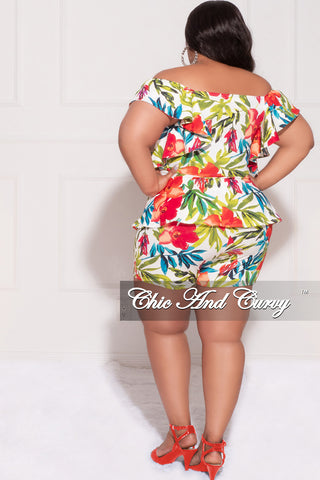 Final Sale Plus Size 2pc Set Faux Wrap Peplum Top & Shorts in White Multi Color Floral Print