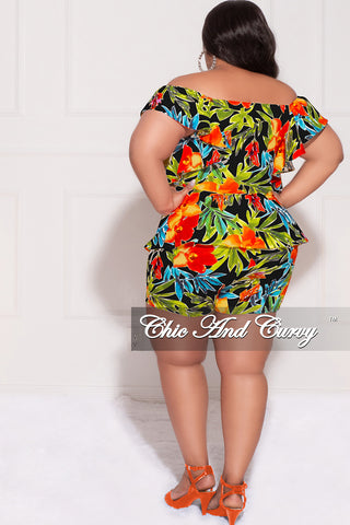 Final Sale Plus Size 2pc Set Faux Wrap Peplum Top & Shorts in Navy Multi Color Floral Print