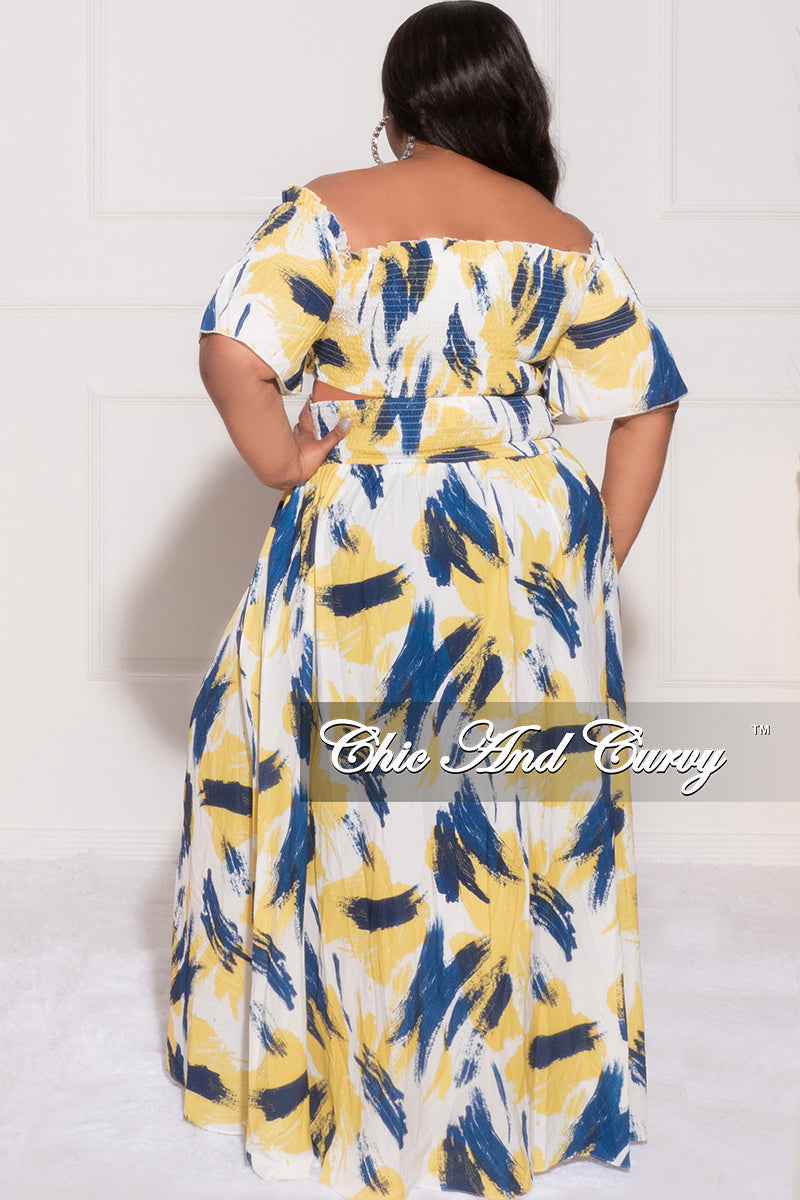 Final Sale Size 2pc Off The Shoulder Ruffle Top and Skirt Set in Yellow and Navy