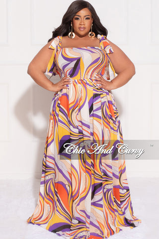 Final Sale Plus Size Chiffon Maxi Dress with Self Tie Shoulder Straps in Purple Multi Color Print