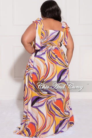 Final Sale Plus Size Chiffon Maxi Dress with Self Tie Shoulder Straps in Purple Multi Color Print