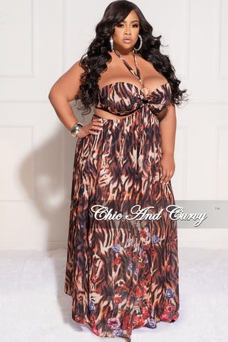 Final Sale Plus Size Chiffon Halter Playsuit with Open Back & Train in Animal Print