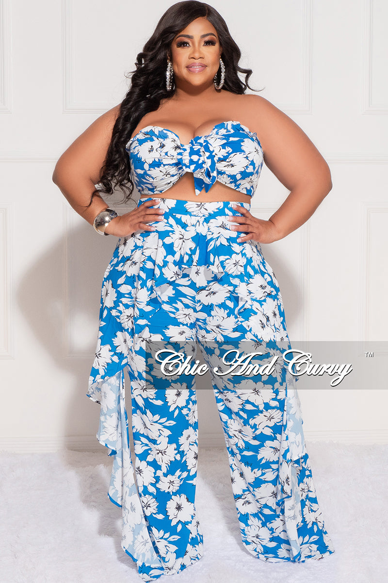 Final Sale Plus Size 2pc Strapless Chiffon Crop Top and Ruffle Trim Pants in Blue and White Floral