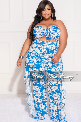 Final Sale Plus Size 2pc Strapless Chiffon Crop Top and Ruffle Trim Pants in Blue and White Floral
