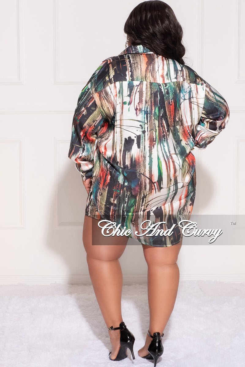 Final Sale Plus Size 2pc Satin Collar Button Up Shirt and Shorts Set in Green Multi Color