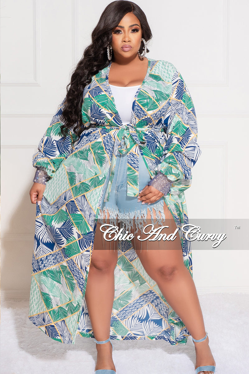 Final Sale Plus Size Sheer Chiffon Duster with Waist Tie and Rhinestone Cuff in Green Multi Color Print