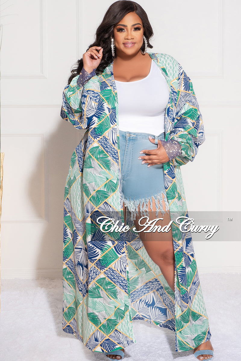 Final Sale Plus Size Sheer Chiffon Duster with Waist Tie and Rhinestone Cuff in Green Multi Color Print
