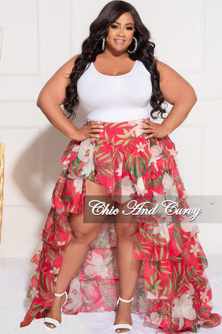 Final Sale Plus Size Chiffon High/Low Ruffle Tiered Skirt in Fuchsia Floral Print