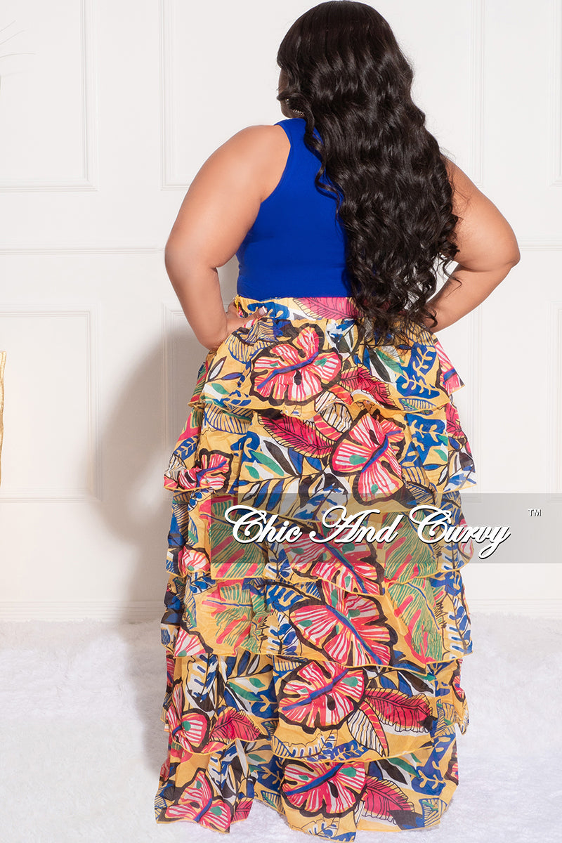 Final Sale Plus Size Chiffon High/Low Ruffle Tiered Skirt in Yellow Multi Color Leaf Print