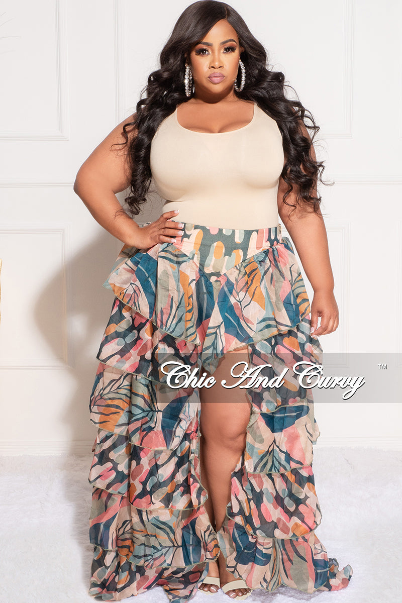Final Sale Plus Size Chiffon High/Low Ruffle Tiered Skirt in Multi Color Design Print