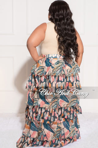 Final Sale Plus Size Chiffon High/Low Ruffle Tiered Skirt in Multi Color Design Print