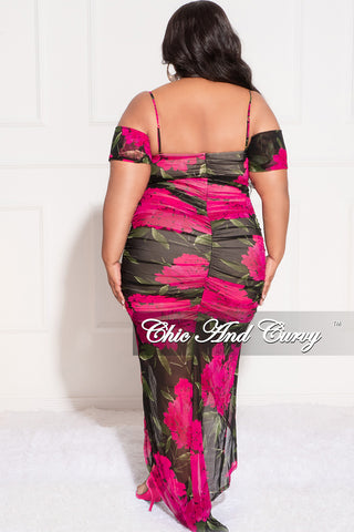 Final Sale Plus Size Cold Shoulder Ruched Sheer Dress in Fuchsia Floral Print