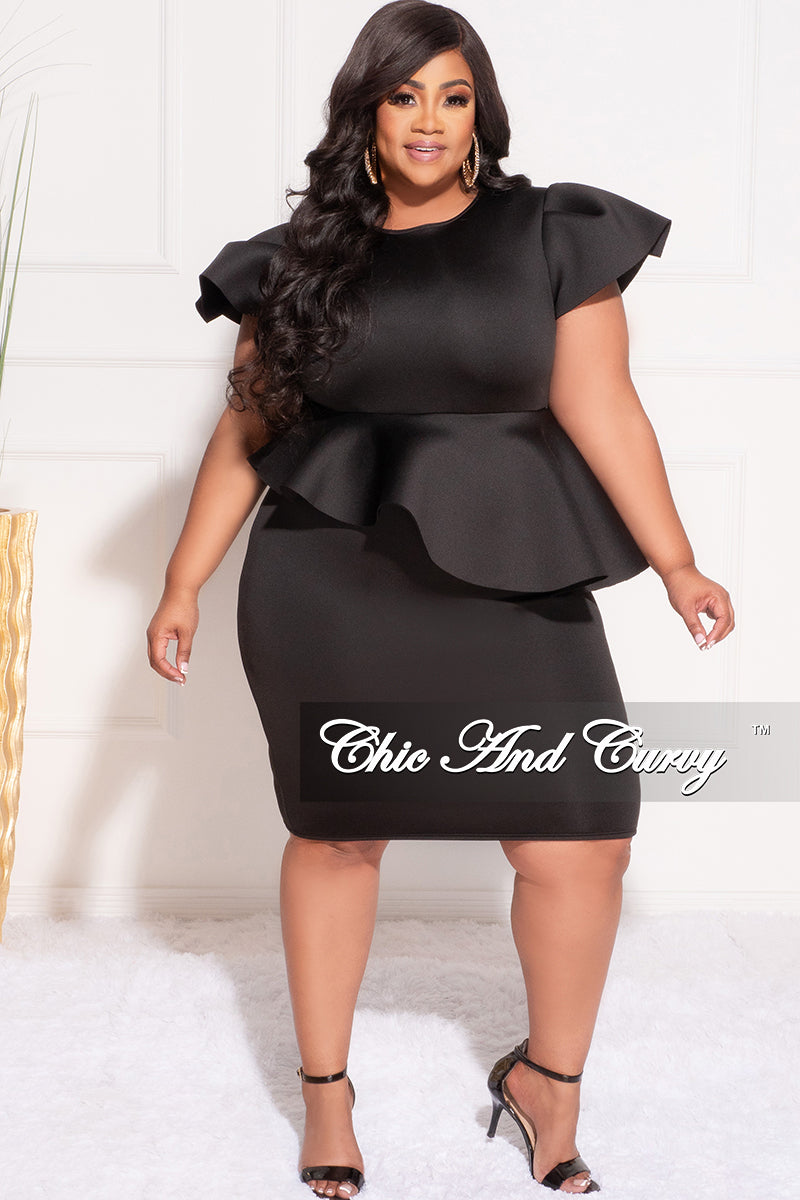 Final Plus Size Short Sleeve Peplum Dress in Black Scuba