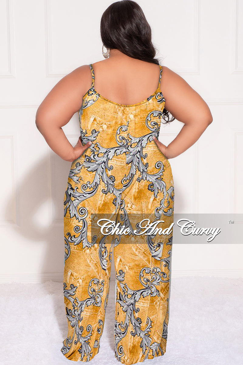 Final Sale Plus Size Spaghetti Straps Jumpsuit in Mustard and Gray
