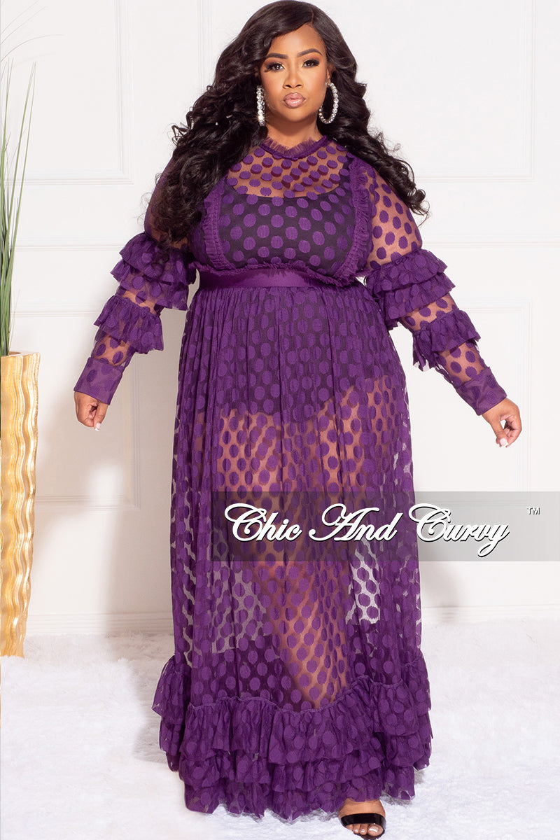 Final Sale Plus Size Polka Dot Sheer Maxi Dress with Ruffle Sleeves and Bottom in Purple
