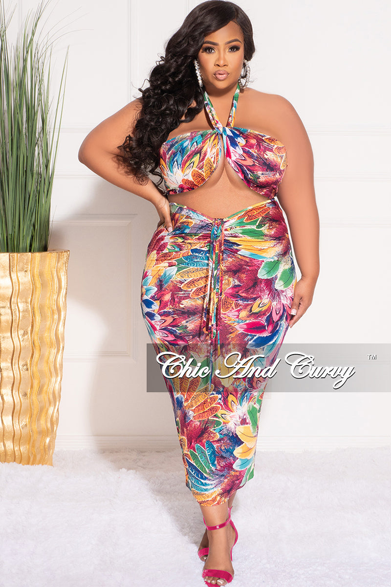 Final Sale Plus Size 2pc Halter Top and Ruched Skirt Set in Floral Multi Color Print Summer